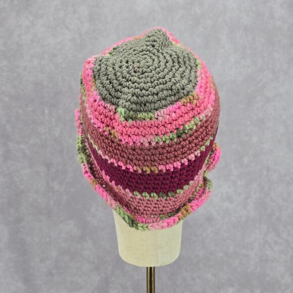 Pink Green Ruffle Crochet Knit Bucket Cap Hat Fun VTG Y2K Funky Beanie - Picture 4 of 4